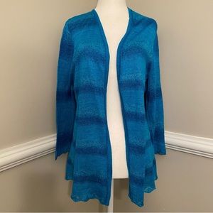 Chico's  Aqua Blue Ombre Stripe Pointelle Knit Open Cardigan Sweater Size 1 M